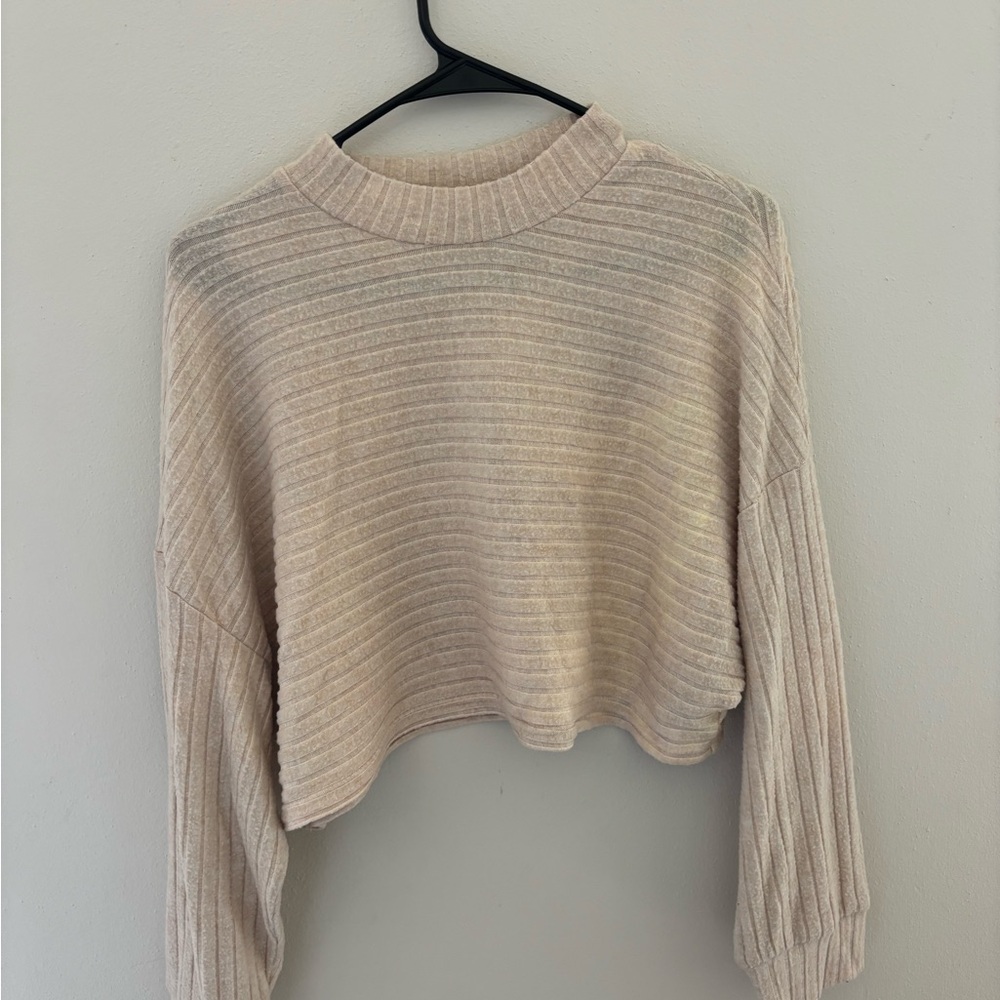 Beige Ribbed Knit Cropped Sweater